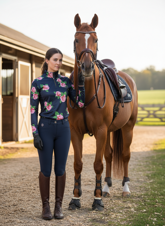 Women’s floral breathable mesh riding top with stretchy fabric by PK Equine.