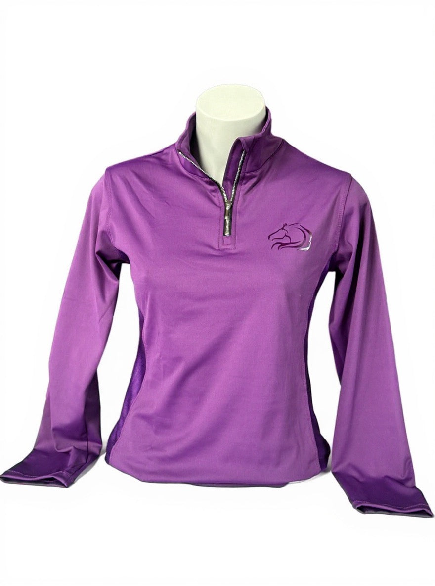 Women’s purple breathable mesh riding top with stretchy fabric by PK Equine.