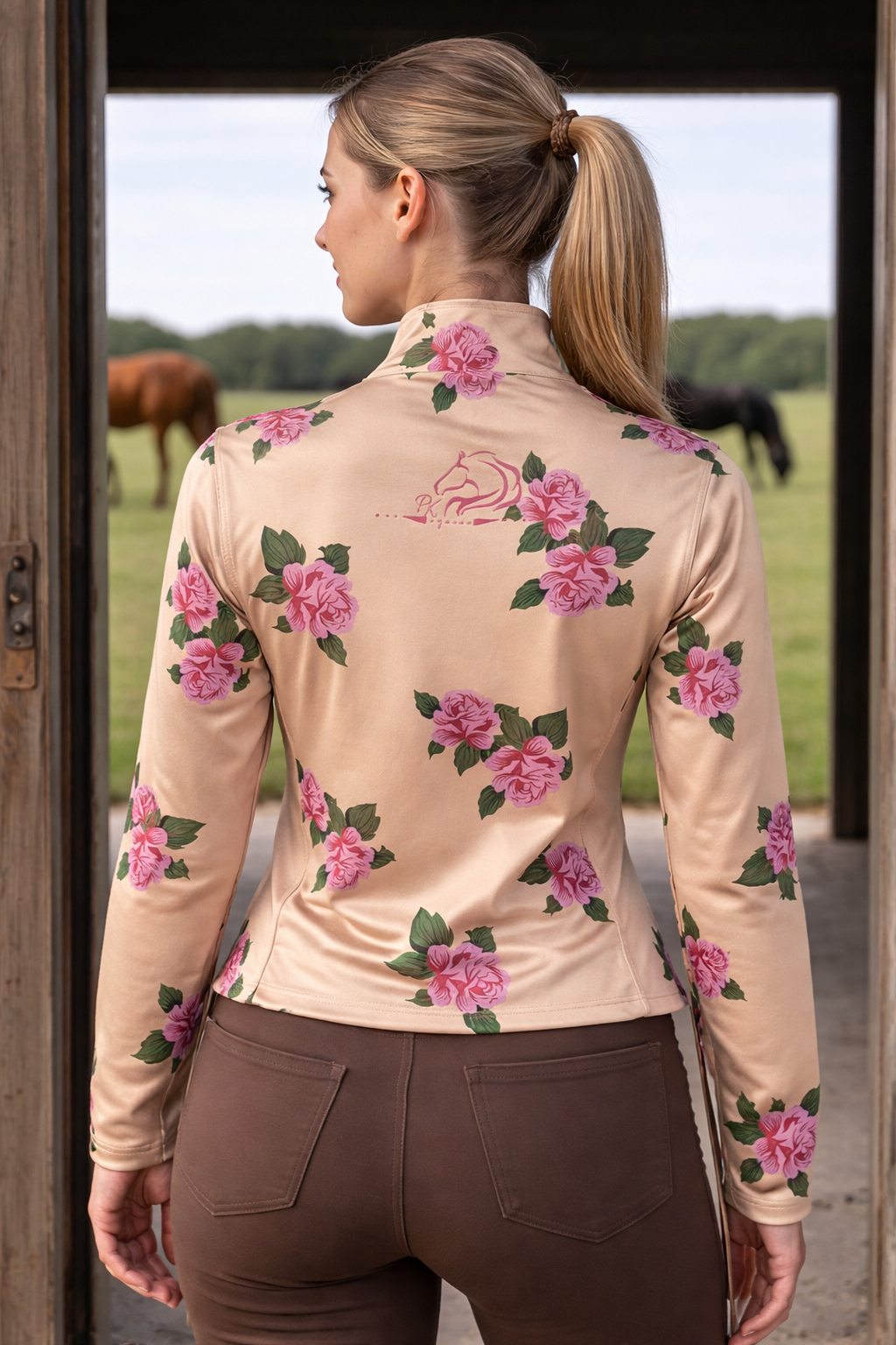 Women's Peach Floral Long Sleeve Riding Top - PK Equine