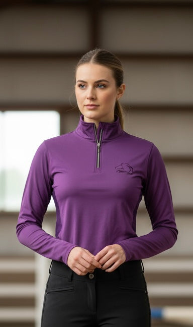 Women’s purple breathable mesh riding top with stretchy fabric by PK Equine.