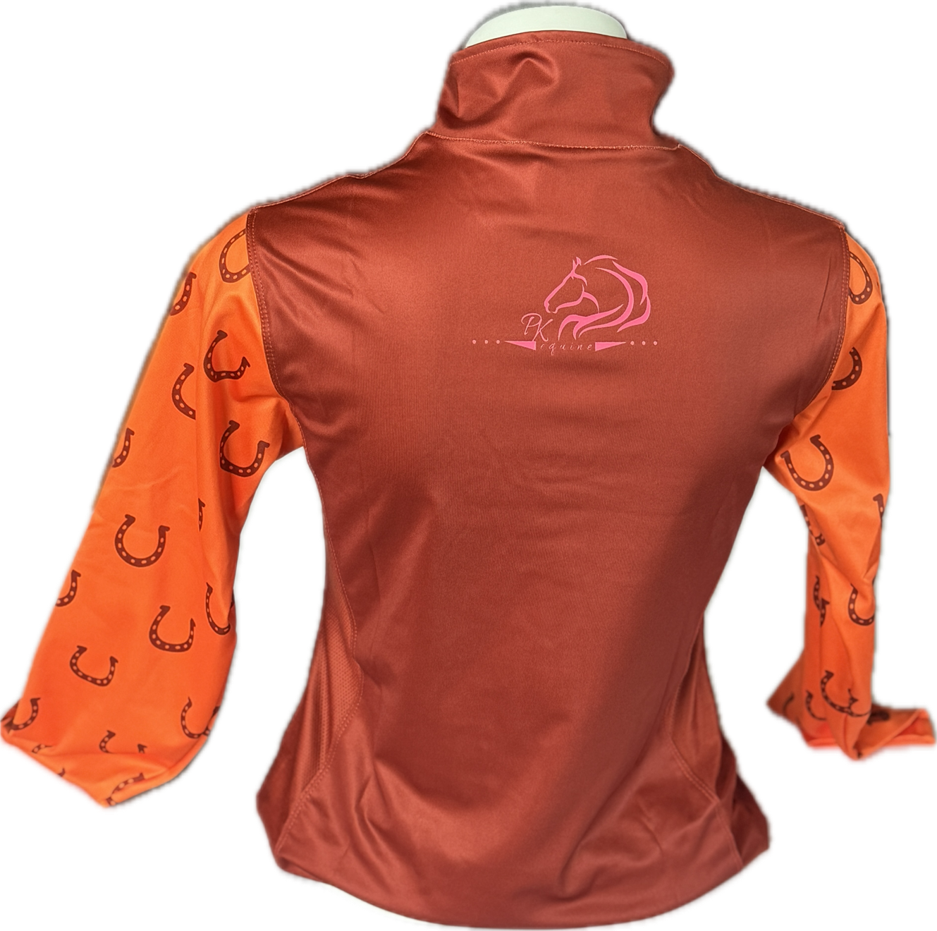Women’s breathable mesh riding top Summer 2025 with stretchy fabric by PK Equine. Long sleeve orange and brown horseshoe riding top