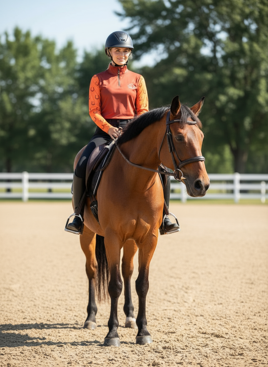 Women’s breathable mesh riding top with stretchy fabric by PK Equine. Long sleeve orange and brown horseshoe riding top