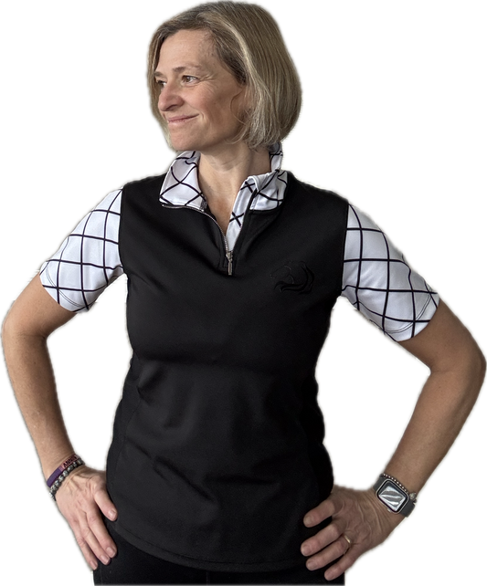 Women’s crisscross half-zip riding top from 2025 Collection with breathable fabric by PK Equine.

