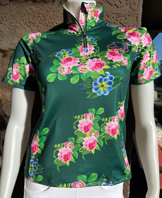 Women’s breathable mesh floral riding top with stretchy fabric by PK Equine.