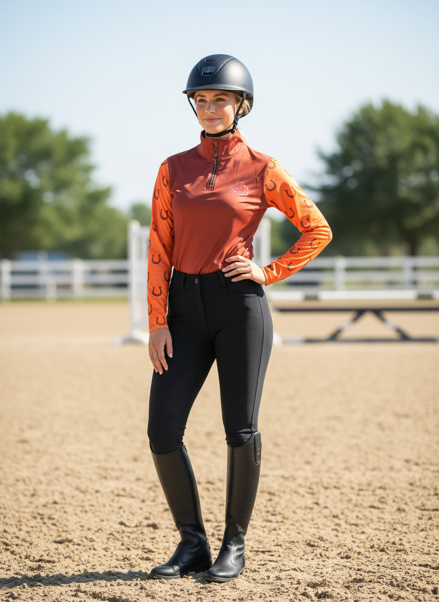 Women’s breathable mesh riding top with stretchy fabric by PK Equine. Long sleeve orange and brown horseshoe riding top