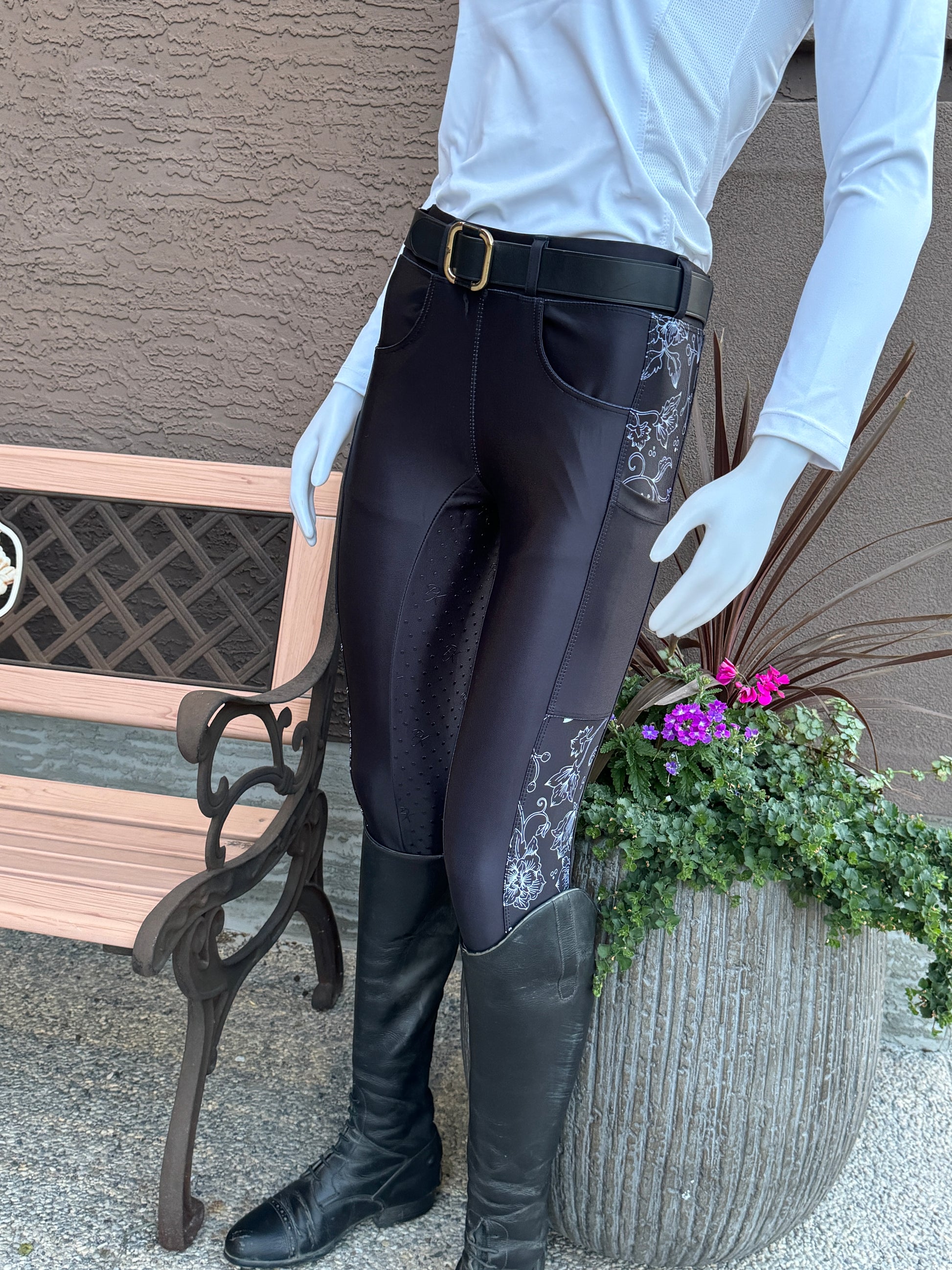 Bolt Blossom Riders breeches from Unbridled Collection with stretchy fabric and silicone grip by PK Equine.