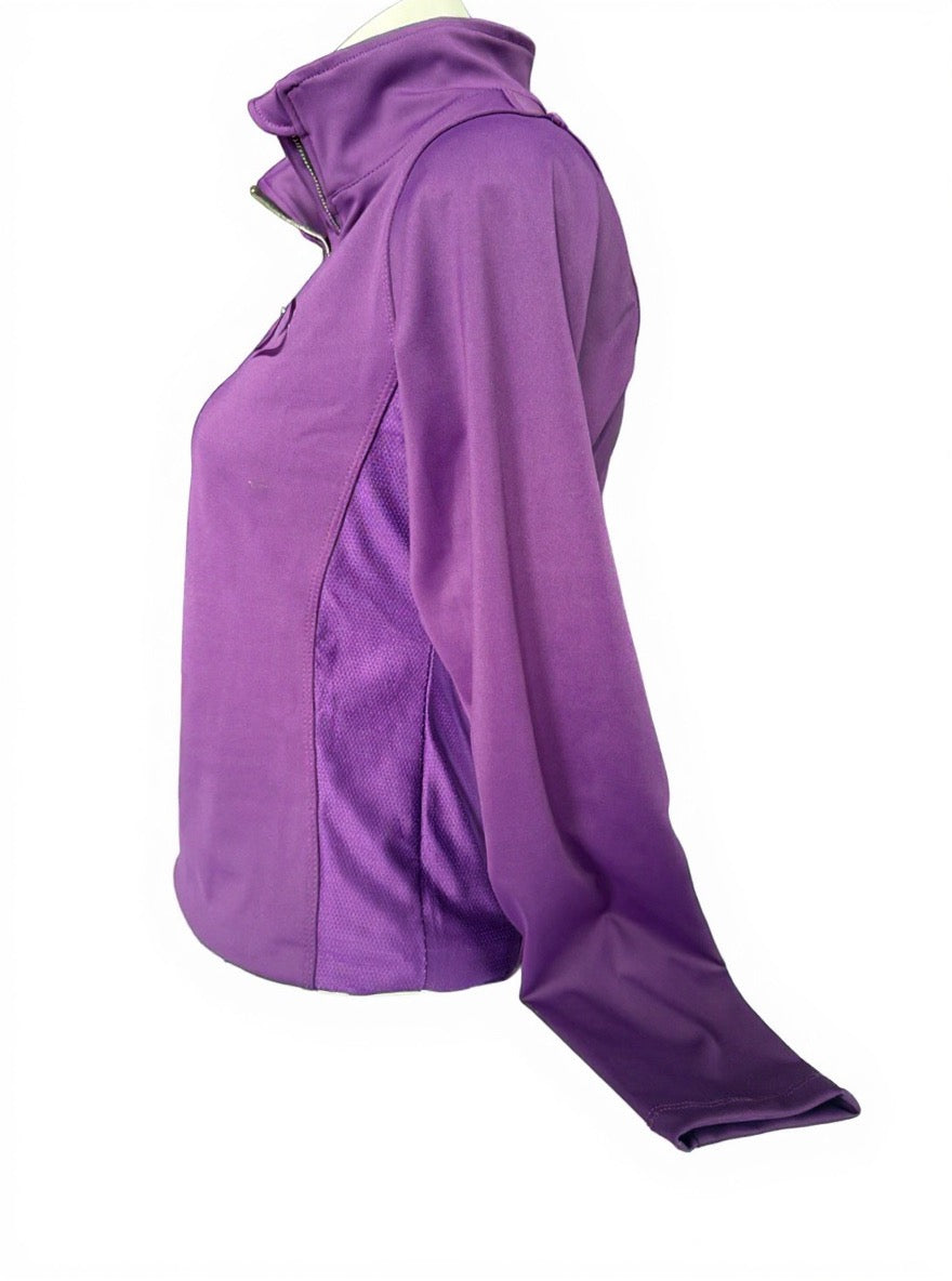 Women’s purple breathable mesh riding top with stretchy fabric by PK Equine. 