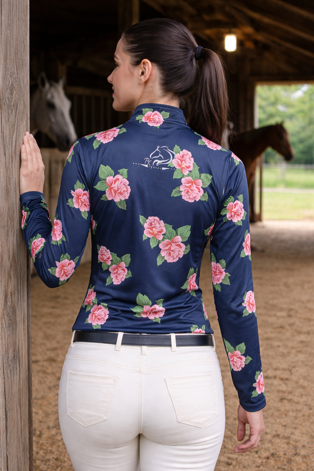 Women's Midnight Blue Floral Long Sleeve Riding Top - PK Equine
