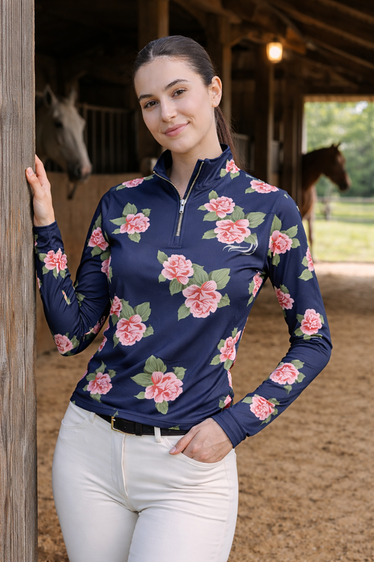 Women's Midnight Blue Floral Long Sleeve Riding Top - PK Equine