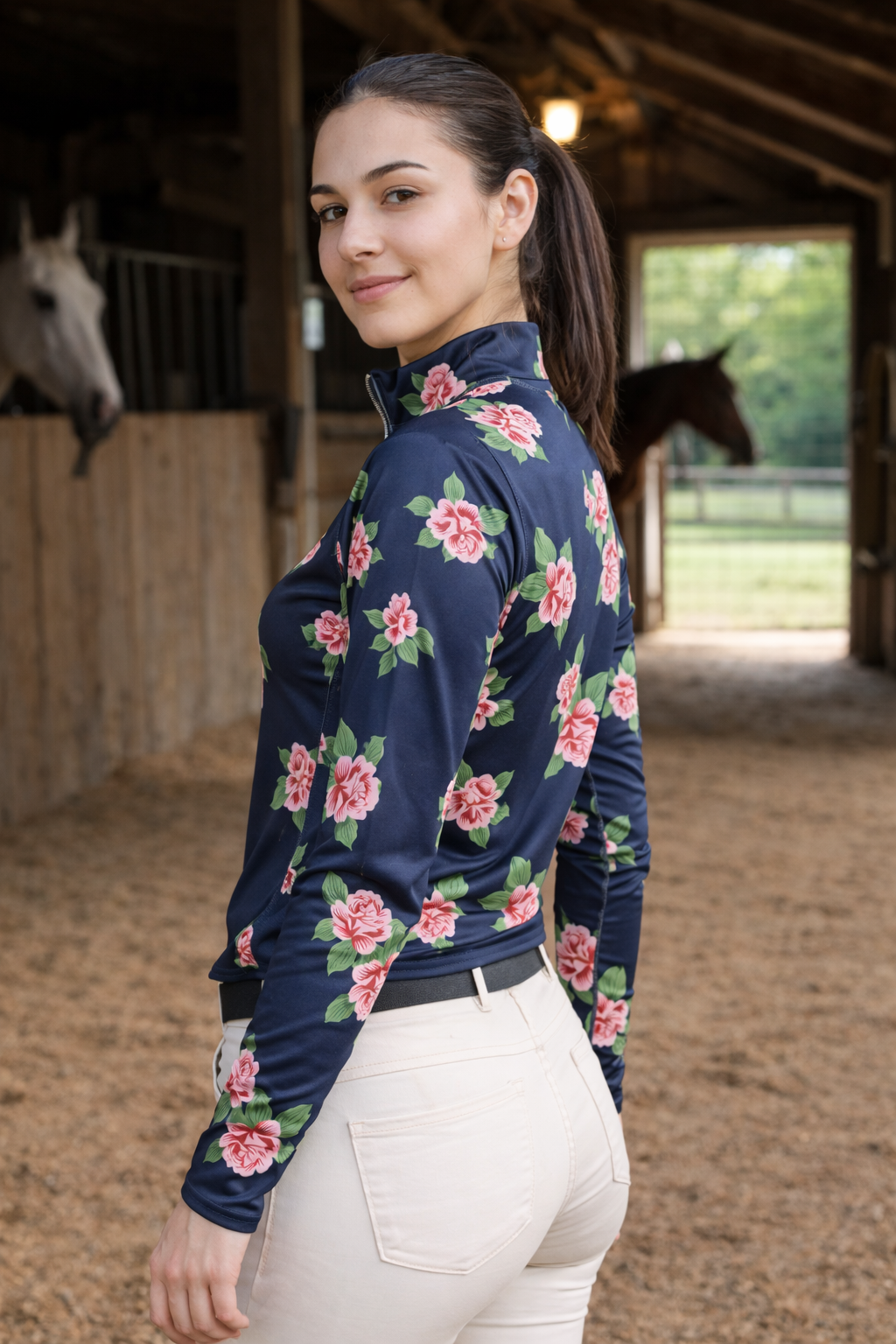 Women's Midnight Blue Floral Long Sleeve Riding Top - PK Equine