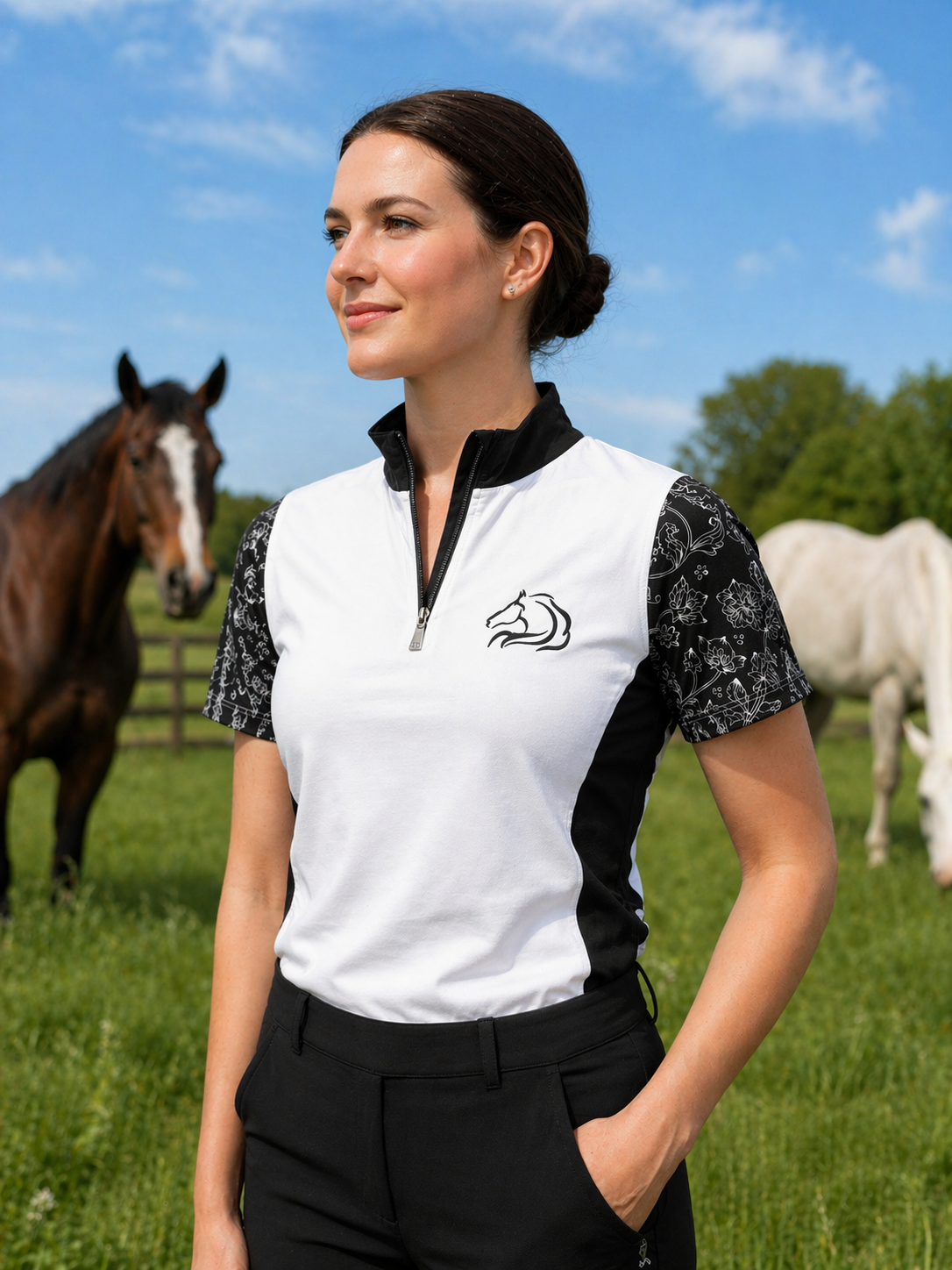 Women’s Blossom Half-Zip Riding Top, Breathable & Stretchy - PK Equine