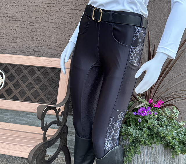 Bolt Blossom Riders breeches from Unbridled Collection with stretchy fabric and silicone grip by PK Equine.