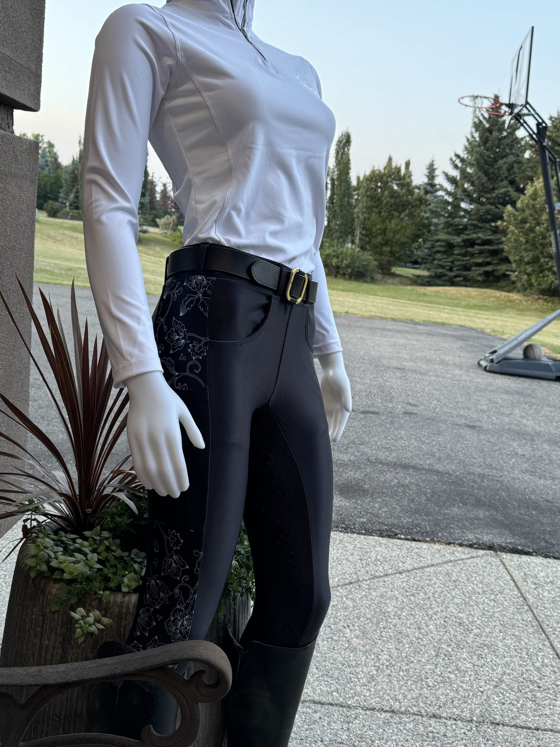 Bolt Blossom Riders breeches from Unbridled Collection with stretchy fabric and silicone grip by PK Equine.