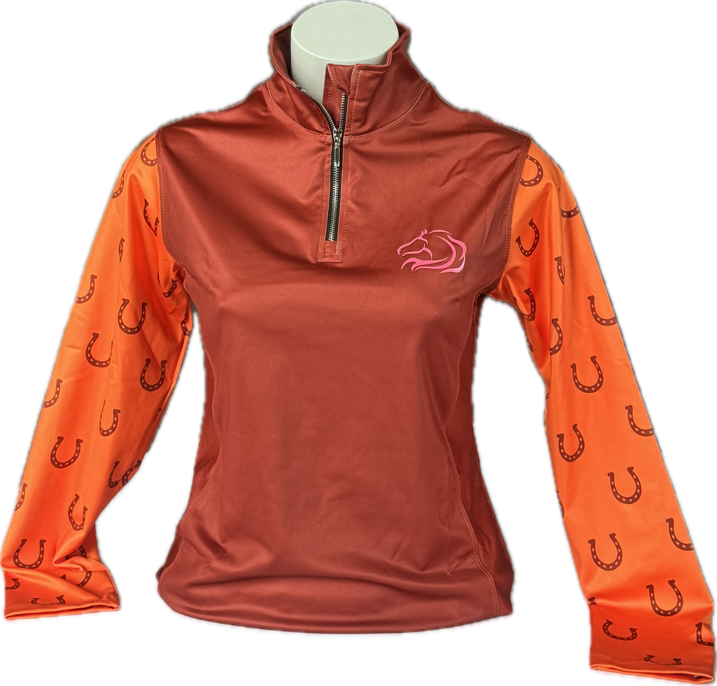Women’s breathable mesh riding top Summer 2025 with stretchy fabric by PK Equine. Long sleeve orange and brown horseshoe riding top