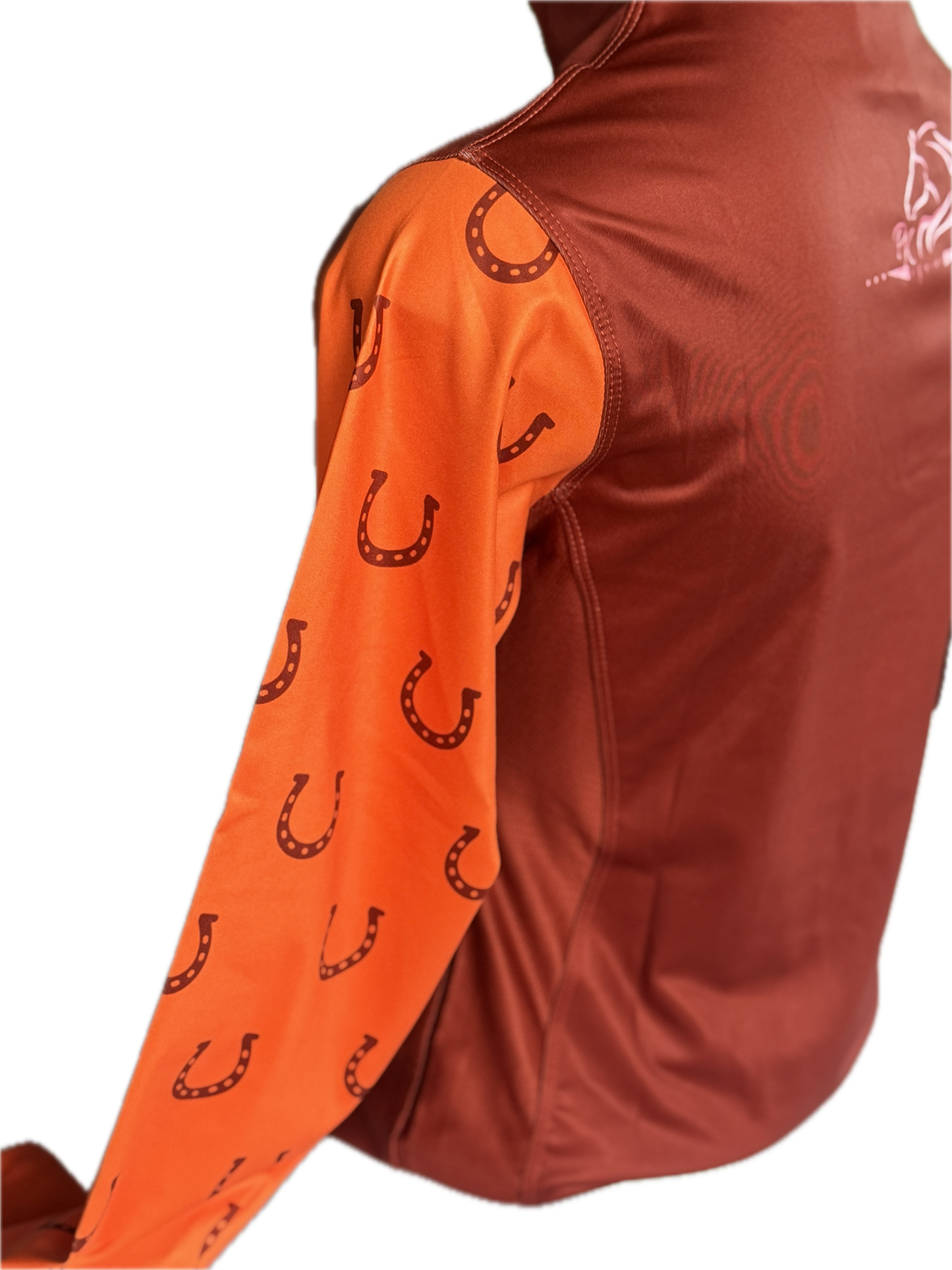 Women’s breathable mesh riding top Summer 2025 with stretchy fabric by PK Equine. Long sleeve orange and brown horseshoe riding top