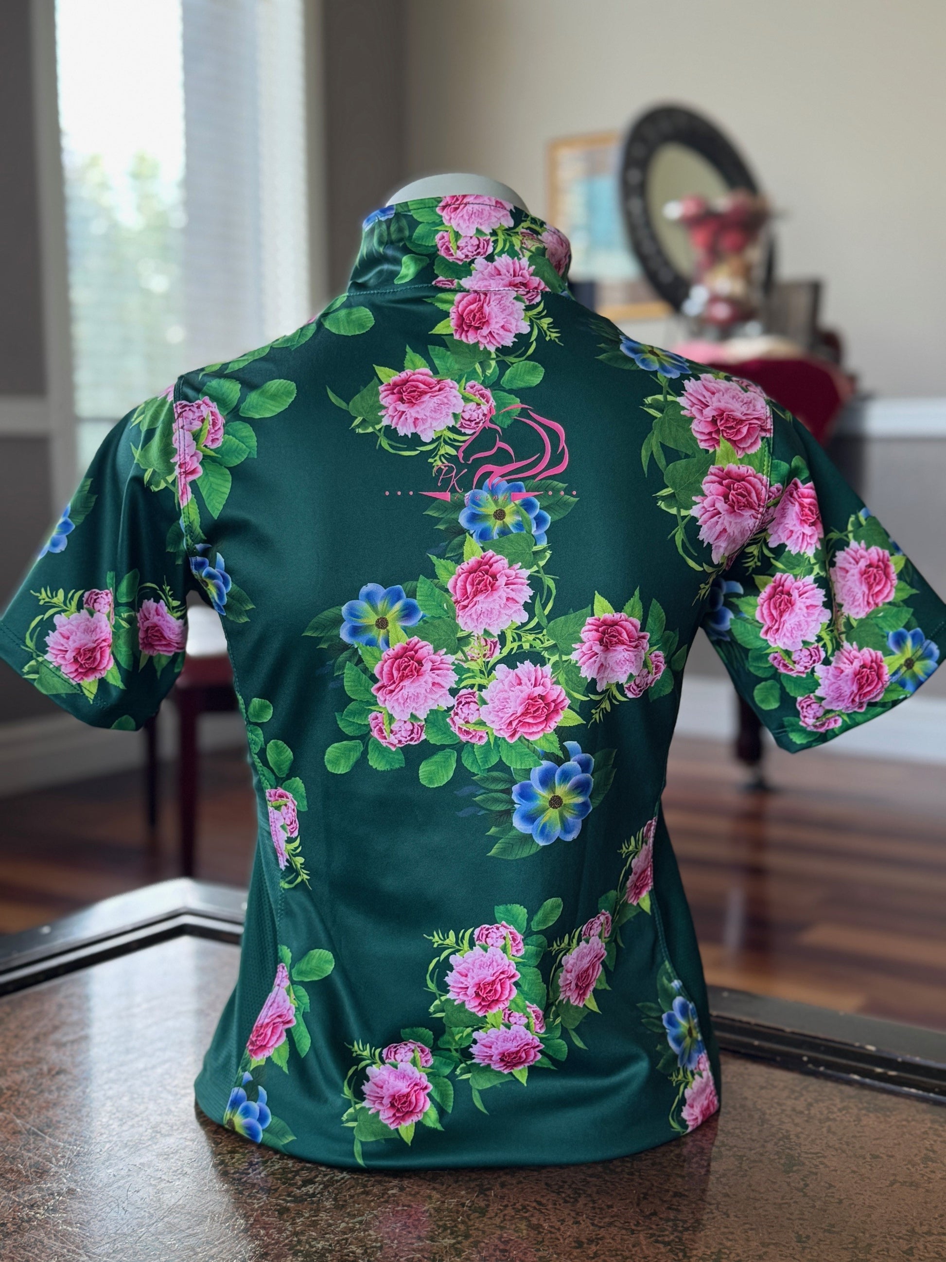 Women’s breathable mesh floral riding top with stretchy fabric by PK Equine.