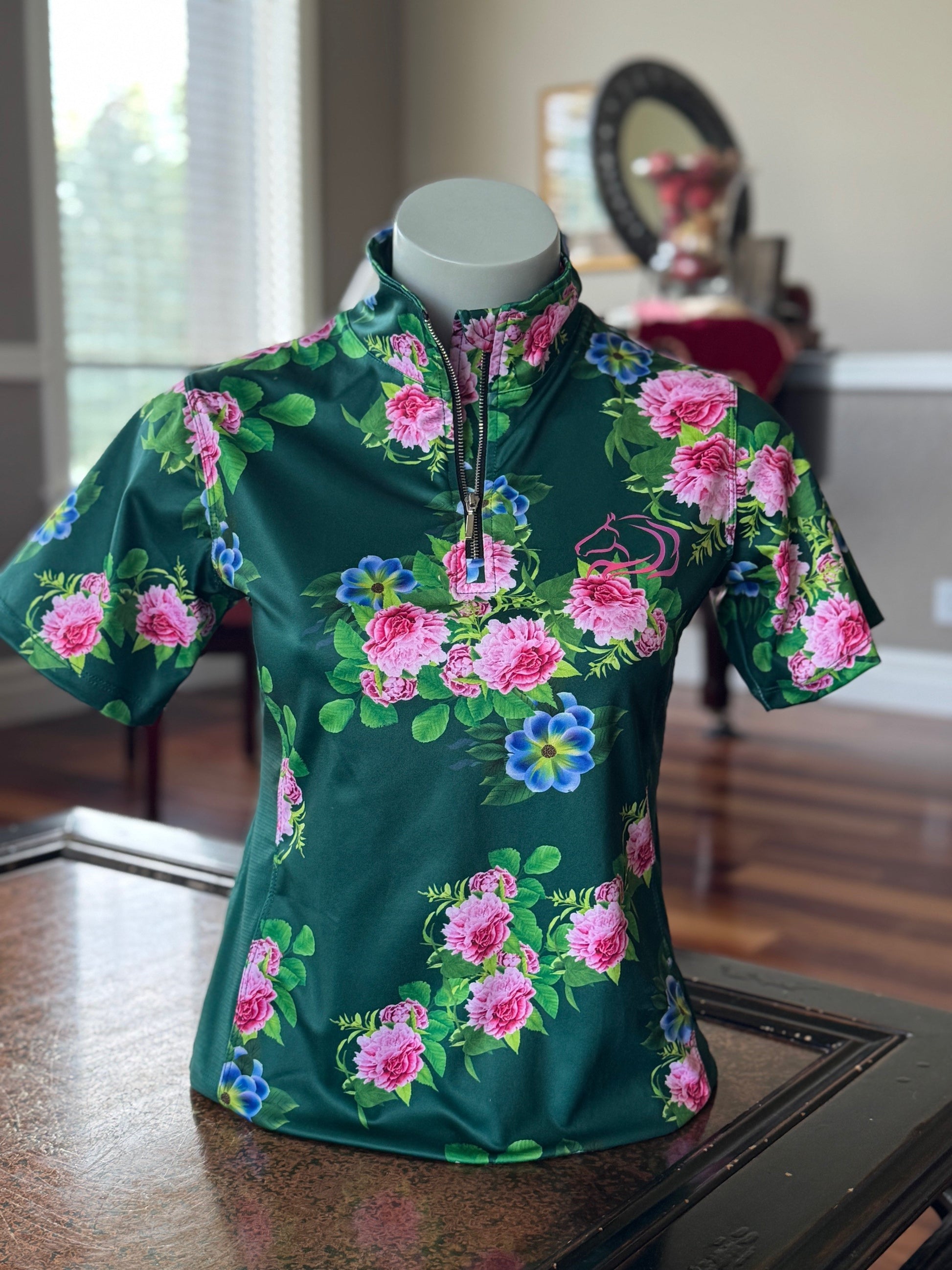 Women’s breathable mesh floral riding top Summer 2025 with stretchy fabric by PK Equine.